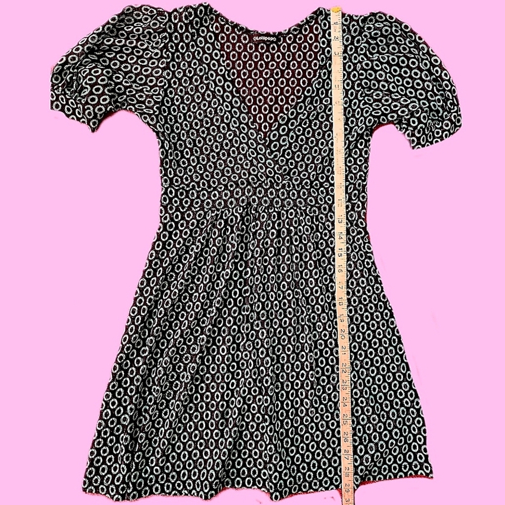 LOLLIPOP Dot Top, V-Neckline, Cinch Waist, Green Dots, Black, W 12.5", L 29"